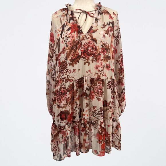 H&M Boho Floral Flouncy Tie Neck Dress - Size 12 - Picture 1 of 9